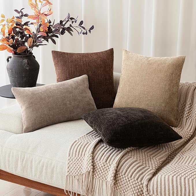 Foindtower Pack of 2 Soft Textured Chenille Throw Decorative Pillow Covers Square Accent Solid Cushion Cover Cozy Neutral Farmhouse Pillow Case for Couch Sofa Bedroom Living Room 18x18 Inch,Red Brown