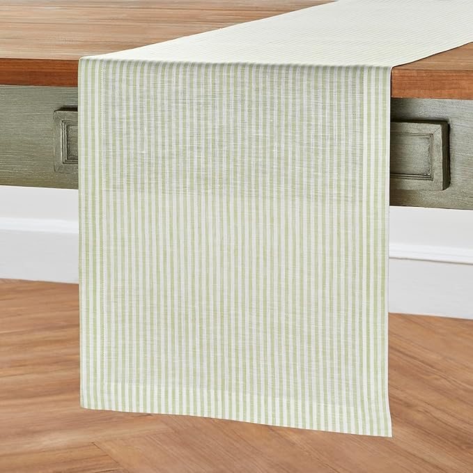 Solino Home Linen Table Runner 72 Inches Long - Narrow Stripe, 100% Pure Linen Sage and White Table Runner 14 x 72 Inch for Dining, Dresser, Spring, St Patricks Day, Easter