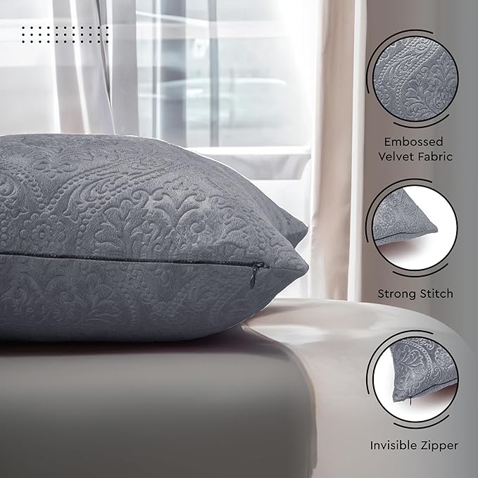 Encasa XO Luxury Embossed Velvet Throw Pillow Covers - Plush Cushion Covers for Elegant Living Rooms & Bedrooms, Machine Washable, 16"x16" Grey | Set of 2 | Covers Only No Insert