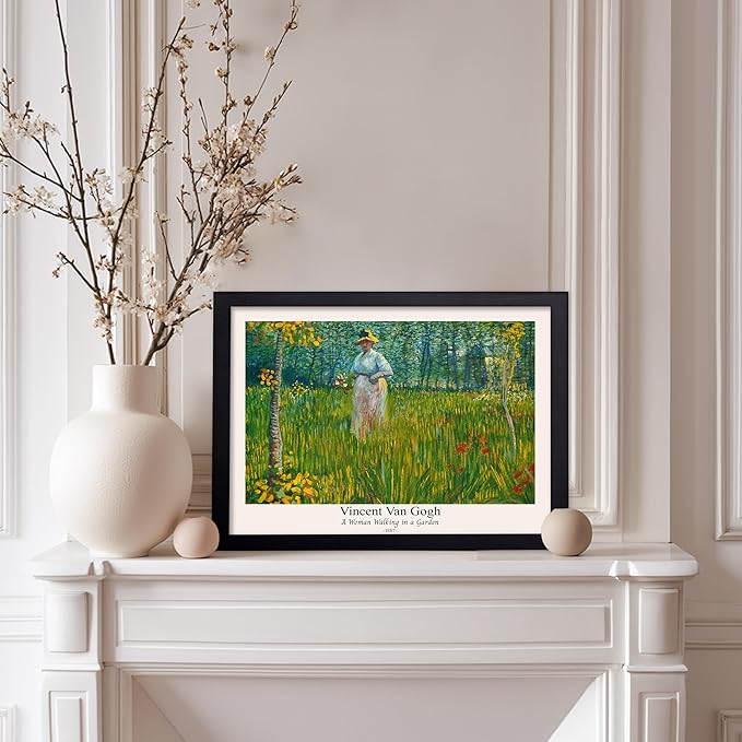 Monem Art Vintage Van Gogh Poster - Retro A Woman Walking In A Garden Print - Impressionism Art - Fine Art - Classic Painting Art - Floral Art - Bedroom or Office Decor - 8x10 Black Framed