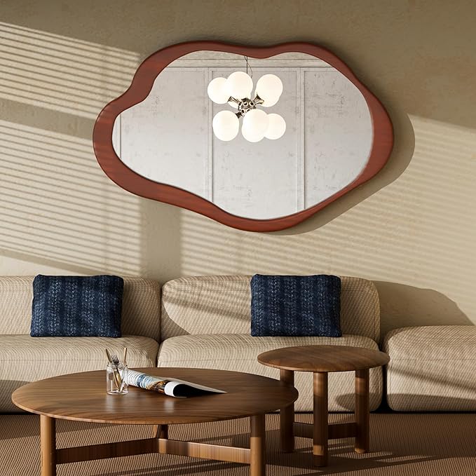 41''x 28' 'Wavy Cloud Mirror Irregular Wall Mirror with Wood Frame, Modern Decorative with Hanging Hooks, Asymmetrical for Bedroom Living Room Entryway Walnut Color