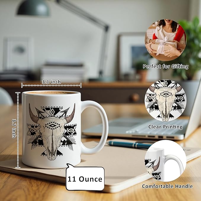 Western Cow Aztec Mug 11 oz, Cowboy Gifts, Western Gifts Coffee Cups Ceramic, Boho Country Wild West Ceramic Mug for Coffee Tea Hot Cocoa Home Office Work