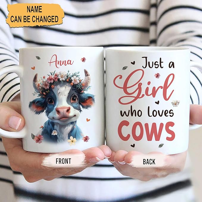 Hyturtle Personalized Cute Cow Mug Gift For Cow Lover - Just A Girl Who Loves Highland Cows - Cow Gift For Women - Gift For Animal Lover - Birthday - Custom Name Coffee Cup Ceramic Mug 11oz - 15oz