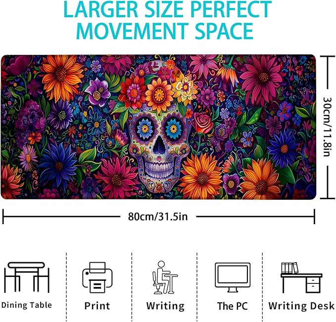 Day of The Dead Skull Gaming Mouse Pad, Mouse Pad, Desk Mat, Non-Slip Rubber Base MousePads for Computers Laptop Office School Home Accessories Decor Gifts 31.5" x 11.8"
