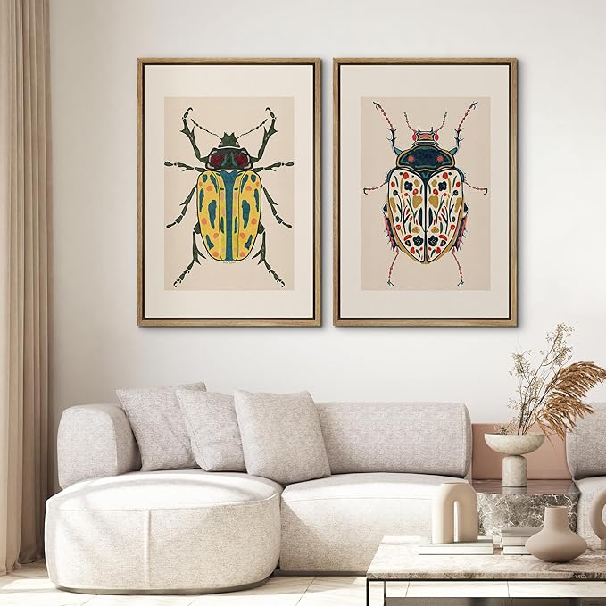 SIGNWIN Framed Canvas Print Wall Art Set Colorful Beetle Vintage Insect Illustrations Modern Art Minimal Boho Colorful for Living Room, Bedroom, Office - 16"x24"x2 NATURAL