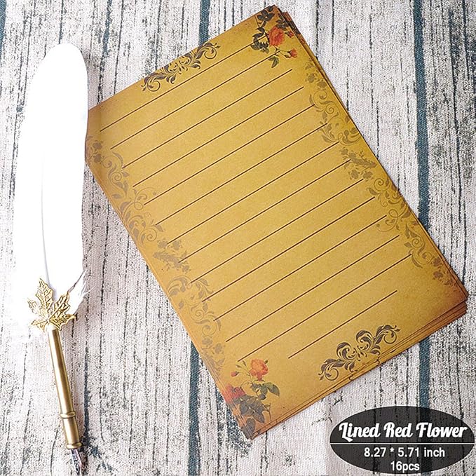 Vintage Stationary Paper + Kraft Envelopes Set with Seal Stickers, 64pcs 4 Patterns 8.3 x 5.7 Writing Stationery Papers + 20pcs 2 Colors 7.9 x 4.7 Letter Envelope + 36pcs 2 Styles Rustic Seals