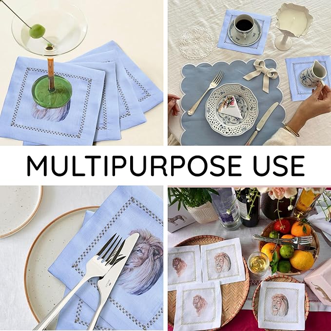Cocktail Napkins Set of 6, 6x6 inch, 100% Linen, Printed Animal Pattern, Reusable & Washable Cloth Coasters for Beverages, Hosting, Gifting & Everyday Use (Lion)