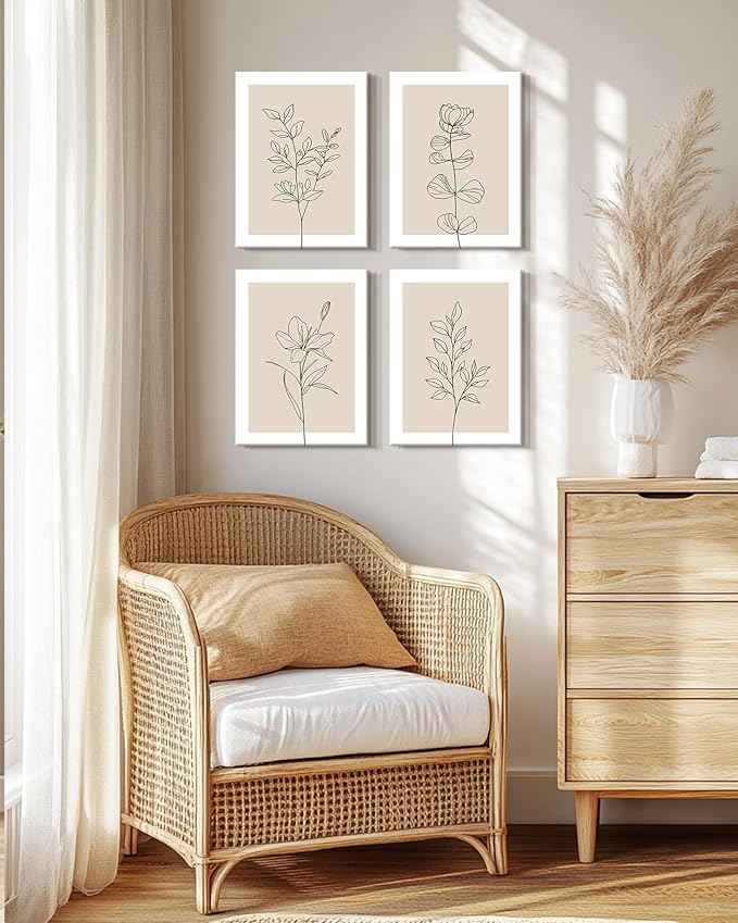 Drsoum Botanical Boho Framed Wall Art Wooded Minimalist Aesthetic Flower Prints Farmhouse Retro Plants Rustic Bathroom Kitchen Home Decor Ready to Hang 12x16inx4pcs (Framed)