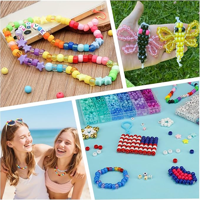 Gionlion 4200Pcs Pony Beads for Bracelet Making Kit, 48 Colors Kandi Beads Bracelet Kit, 2500pcs Rainbow Candy, 1700pcs Friendship Letter Bead with 20 Meter Elastic Strings for Jewelry Making