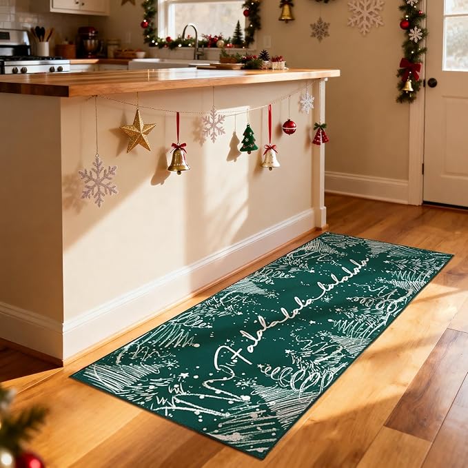 jinchan Deck The Halls Christmas Runner Rug 2x5 for Entryway Washable Christmas Tree Kitchen Rug Green Xmas Hallway Mat Non-Slip Soft Carpet Winter Festive Holiday Decor for Bathroom Porch Bedside