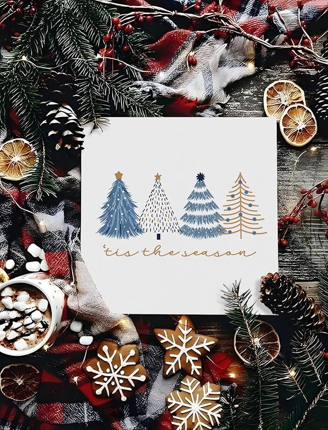 Minimalist Navy Blue and Gold Christmas Tree Wooden Box Sign, Preppy Christmas Desk Decor, Tis the Season Xmas Winter Holiday Wood Signs for Home Office Desk Shelf Tabletop Decor, 5x5 Inch Decorative Signage