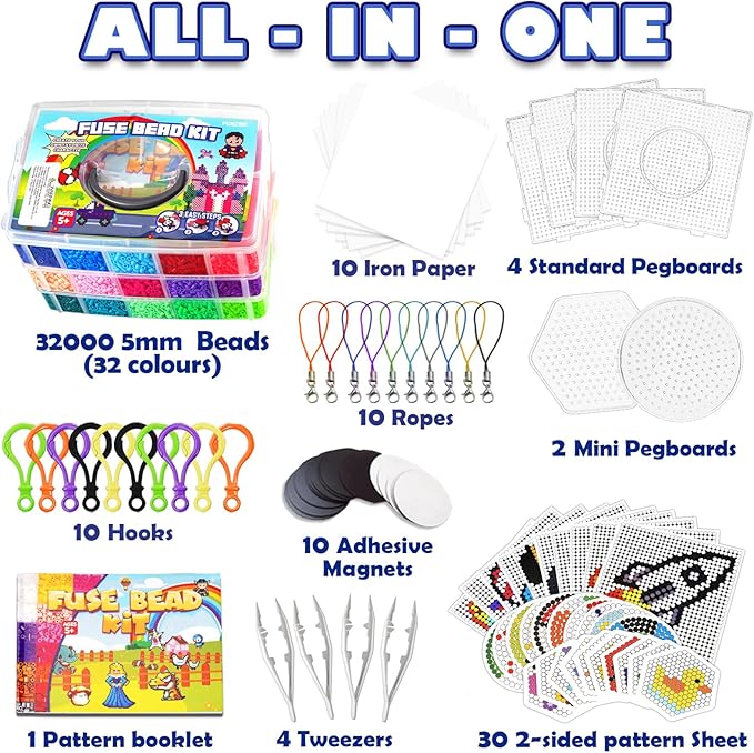 FUNZBO 32000 5mm Fuse Beads Kit - 32 Colors, Christmas Homeschool Arts and Crafts Supplies for Kids, Toys Set, Art Decorations for Room, Christmas Gifts for Girls and Boys Age 5+