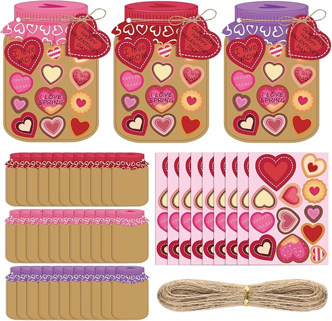 30 Sets Valentines Day Gift Cards Mason Jar Valentine Love Candy Jar Craft Kit with Heart Stickers Make Your Own Paper Greeting Card Decor Exchange Gift for Kids Mom Adults School Classroom Activity