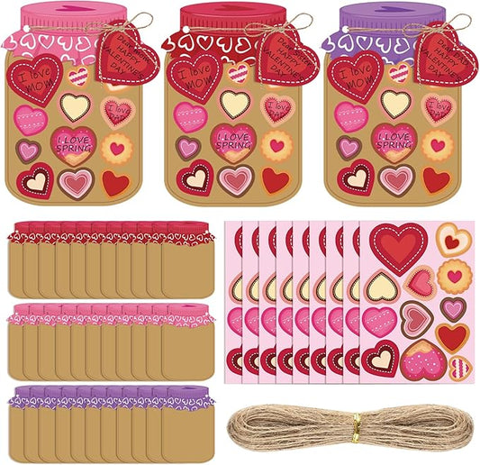 30 Sets Valentines Day Gift Cards Mason Jar Valentine Love Candy Jar Craft Kit with Heart Stickers Make Your Own Paper Greeting Card Decor Exchange Gift for Kids Mom Adults School Classroom Activity