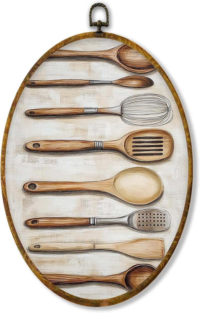 Hiuwevt Vintage Rustic Kitchen Utensil Oval Wall Art Decor, Cooking Tools Country Hanging Framed Canvas Prints, Cottagecore Round Wall Hanging Decor for Bedroom Home Decorations, 8.6x11.4 Inches