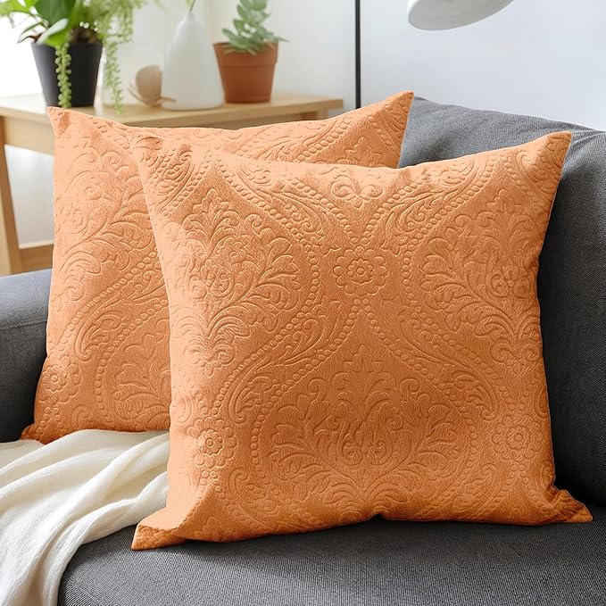 Encasa XO Luxury Embossed Velvet Throw Pillow Covers - Plush Cushion Covers for Elegant Living Rooms & Bedrooms, Machine Washable, 24"x24" Peach | Set of 2 | Covers Only No Insert