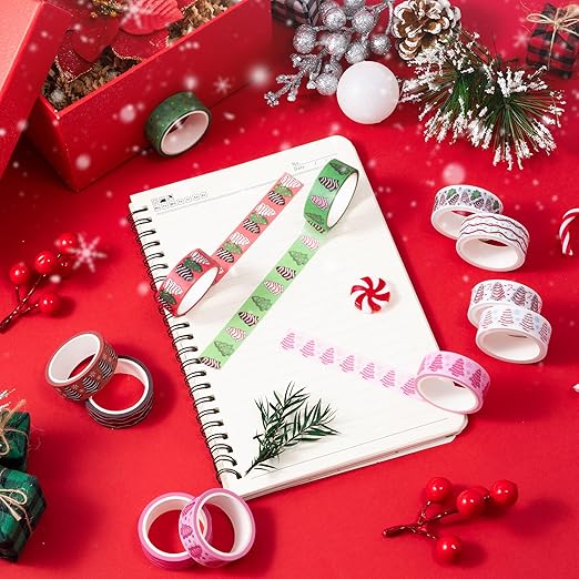 Christmas Tree Washi Tape - Sweet Dessert Theme with Gingerbread Brown Icing Red Festive Green Designs, Acid Free Residue Free Adhesive for Gift Wrapping, Scrapbook, Journal Decor, DIY Crafts