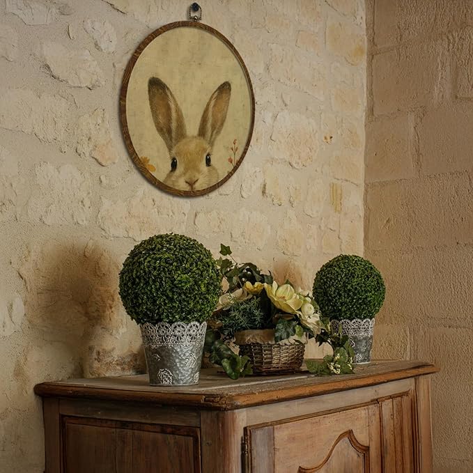 Round Wall Art Framed,Vintage Rabbit Wall Art,Retro Animal Design Hanging Round Wall Decor for Bedroom Living Room,or Office,Easter or Christian Gifts 10x10inch (Rabbit)