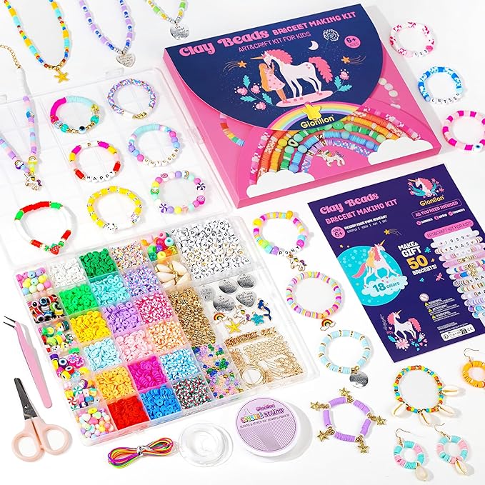 Gionlion Christmas Gifts for Girls, Bracelet Making Kit Crafts for Jewelry Making Supplies Kit with 198Pcs Letter Beads, Unicorn/Mermaid DIY Birthday Christmas Toys Gifts for Kids