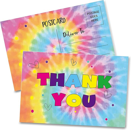 Birthday Thank You Postcards, Watercolor Tie Dye Thank You Cards for Kids Girls Boys Birthday Party, Baby Shower Party, Set of 20 (A03)