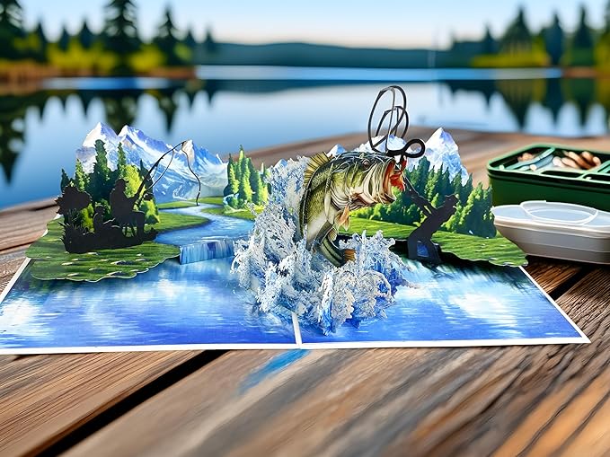 3D Pop Up Greeting Card – Handmade Fishing Card with Jumping Bass & Scenic Lake – Father’s Day, Birthday, Retirement, Outdoor Sportsman & Fisherman Gift