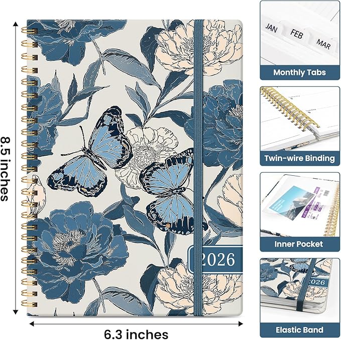 2026 Planner, Weekly and Monthly Calendar Planner for Women, Jan 2026 - Dec 2026, Hardcover Planning Agenda book with Tabs, Spiral Bound, Inner Pocket, Perfect for School Office Supplies, 6.3" x 8.5" - Azure Wings