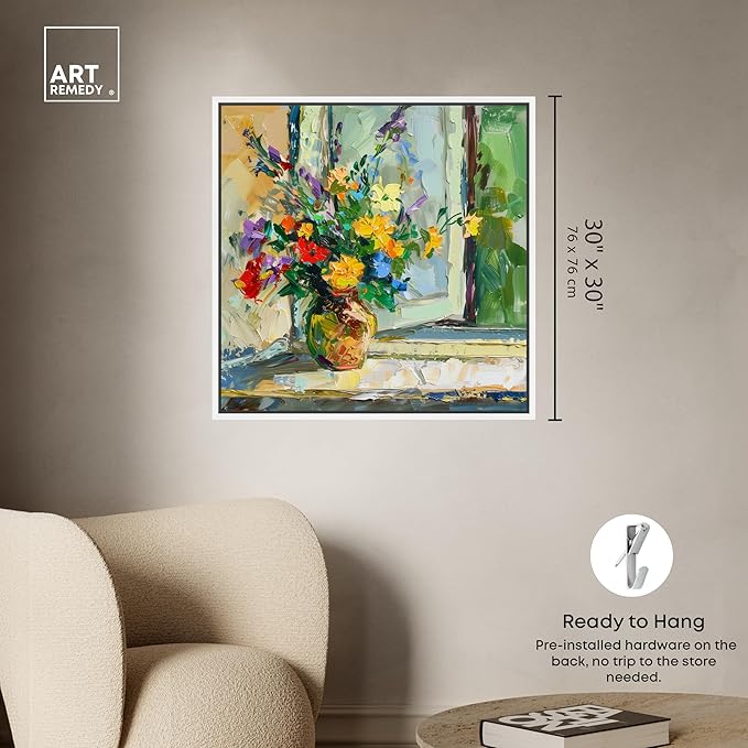 Art Remedy Vase By The Window Framed Impressionism 1 Piece Canvas Wall Art/Monet And Van Gogh Inspired Art, 31" x 31", White Frame