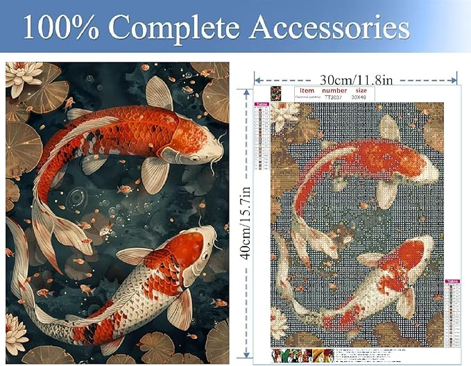 JFYHAB Koi Fish Diamond Art Kits for Adults, Scenery Fish DIY Full Drill Diamond Painting Kits for Beginners, 5D Gem Art Crafts for Adults, Home Wall Decor 12x16 inch