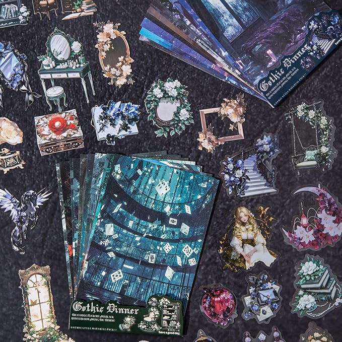 120 Pieces Gothic Dark Horror Landscape Creation Sticker and Scrapbook Paper Kit, 4 Pack Dark Aesthetic Designs Stickers for Scrapbooking, Journaling, Waterproof DIY Crafts and Junk Journal