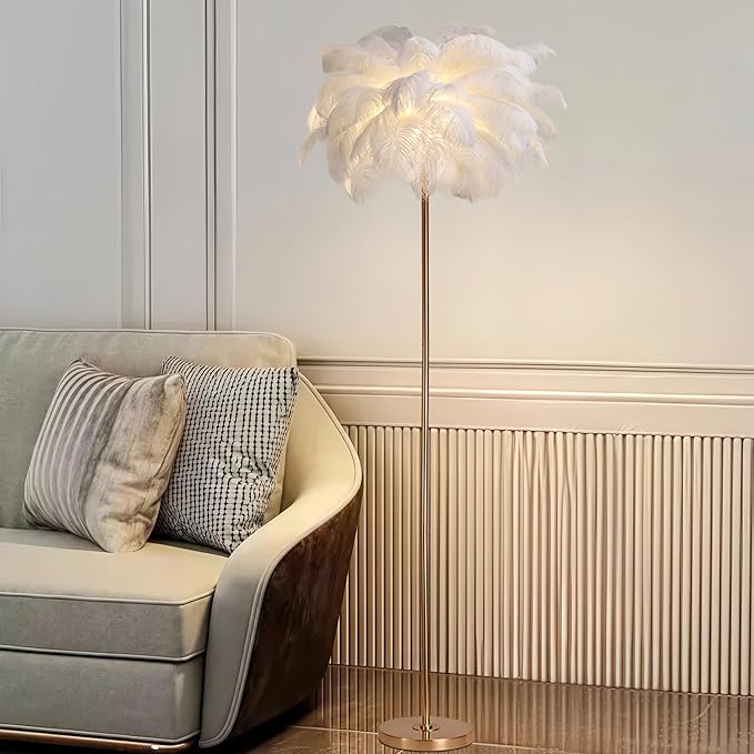Chic White Feather Floor Lamp Nordic Ostrich Feather Lamp Girl Furry Floor Lamp Standing Floor Lights Modern Princess Bedroom Bedside Reading Light for Living Room Sofa Hotel Bedroom
