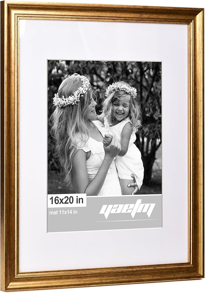 Yaetm 16x20 Picture Frame Matted to 11x14 Set of 2, 1.4” Wide Molding & Rustic Gold Poster Frames 16 x 20 for Wall Gallery, Home and Office, Wall Mount (2 pack, Gold)