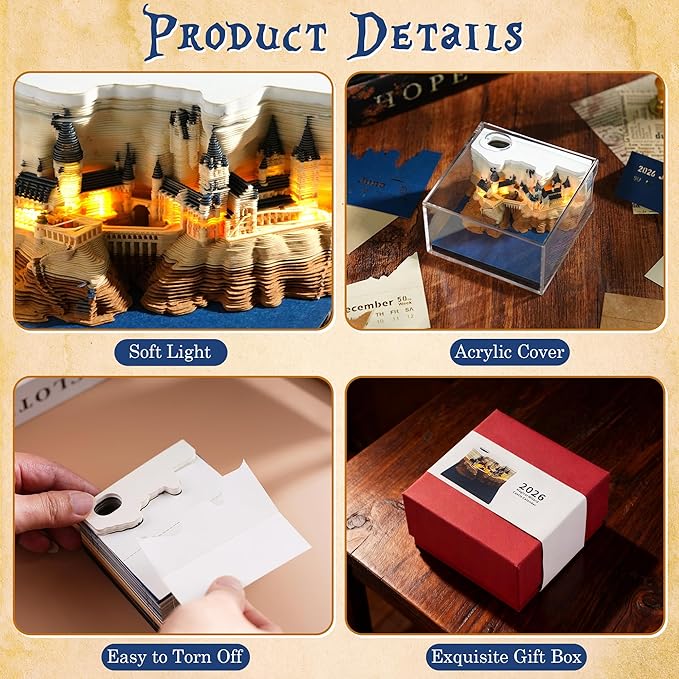 3D Time Piece Calendar 2026, Art Calendar Memo Pad 2026 Mini Desk Magic Castle with Lights, 3D Sticky Note Desktop Tear Off Gift for Christmas Office Decoration