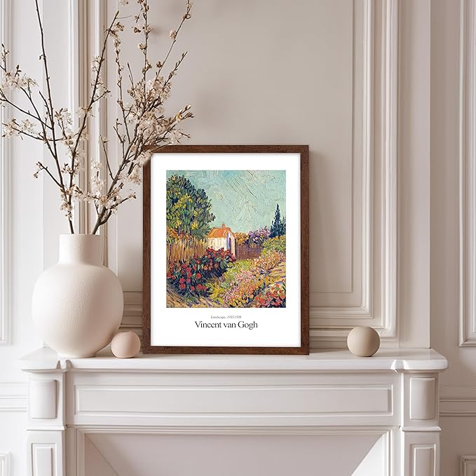 Monem Art Vintage Van Gogh Poster - Retro Impressionist Print - Flower Garden, Cottage, Sky, Colorful, Landscape - Gift for Artist, Friend - Wall Decor for Home, Office, 8x10 Brown Framed
