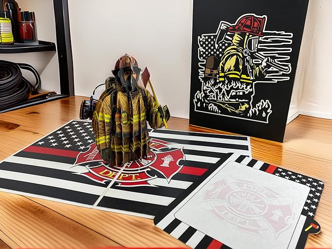 3D Pop Up Greeting Card – Handmade Firefighter Card with American Flag – Heroic Fireman with Axe – Birthday, Father’s Day, Graduation, Retirement, Thank You Card for Firefighters