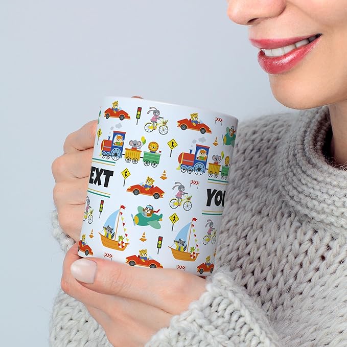 Personalized Mug for Kids - Vehicles - Custom Name/Text, Ceramic Hot Chocolate/Cocoa/Coffee Cup for Boys, Birthday/Christmas/Holiday Gift - 15 oz, Red Handle