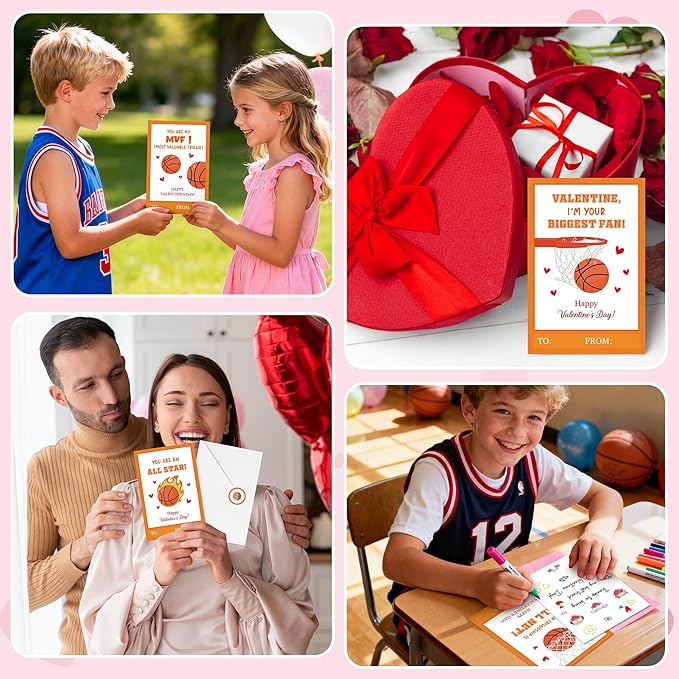 TICIAGA 144pcs Valentine’s Day Basketball Greeting Cards with Envelop and Stickers for Kids, 4 x 6 IN Sport Theme Exchange Gift Cards for Boys and Girls School Classroom Supplies, Valentines Party Favors
