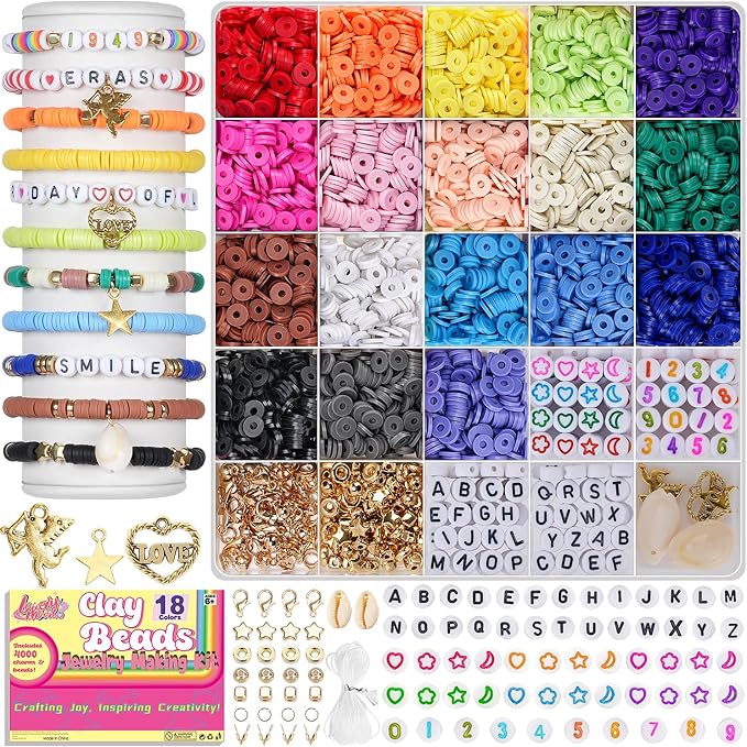 LovelyMoon Clay Beads Bracelet Making Kit Flat Beads with Charms for Friendship Jewelry Making Kit for Beginner Creative Arts and Crafts Gifts for Kids Ages 6 7 8 9 10 11 12 Girls