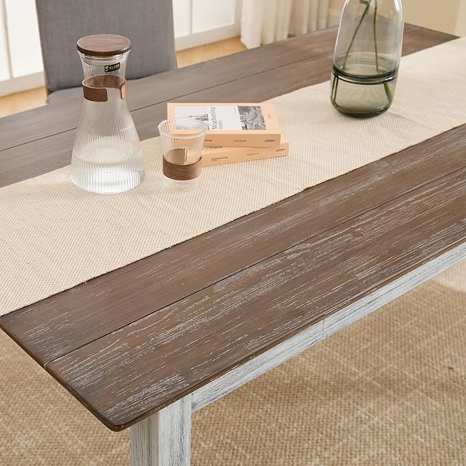 LZAREAL Farmhouse Dining Table for 4 6 Antiqued Solid Wood Dining Room Table Rectangular Color Blocking Kitchen Table for Dining Room Kitchen Restaurant, White and Walnut