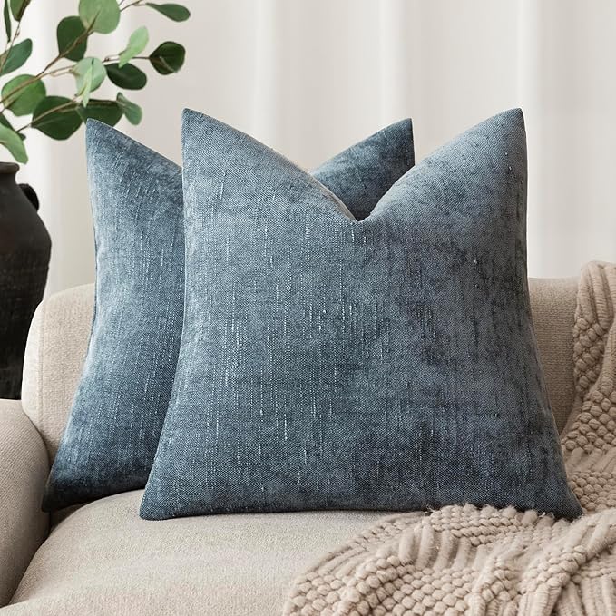 Foindtower Pack of 2 Soft Textured Chenille Throw Decorative Pillow Covers Square Accent Solid Cushion Cover Cozy Neutral Farmhouse Pillow Case for Couch Sofa Bedroom Living Room 18x18 Inch,Blue