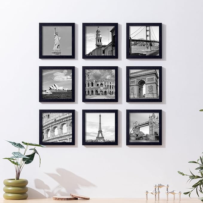 eletecpro 8x8 Picture Frames Set of 9 with Mat for 4x4 Photos or without Mat for 8x8, Square Gallery Wall Decor Collage for Picture Display, Black Frame Set for Wall Hanging