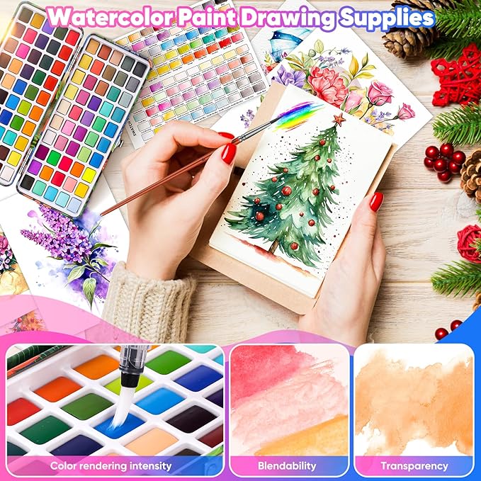 Taotree Watercolor Paint Set 100 Colors, Art Supplies Watercolors Kit Travel Water Colors with 3 Paints Brushes, Crafts Painting Supplies, Drawing Christmas Gifts for Teens Girls Boys Adults Artists