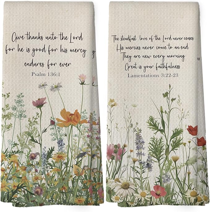 Vintage Floral Christian Kitchen Dish Towels, Christian Gifts for Women, Retro Wildflower Bible Religious Scripture Hand Towels Kitchen Tea Towels Decorations, 16x24inch Set of 2