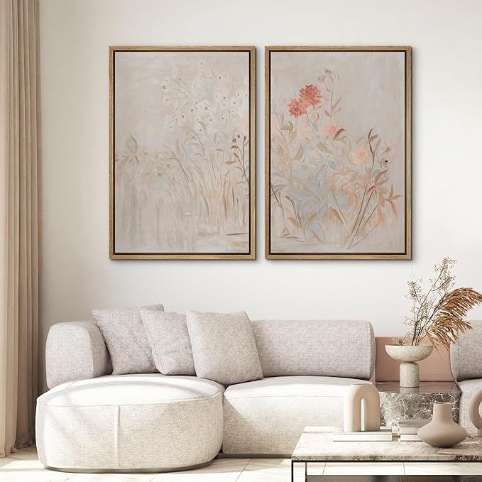 SIGNWIN Framed Canvas Print Wall Art Set Soft Pastel Wildflower Botanical Floral Illustrations Modern Art Scenic Colorful for Living Room, Bedroom, Office - 16"x24"x2 Natural