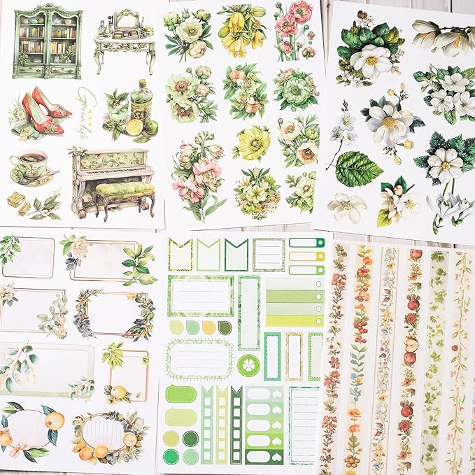 Scrapbook Sticker Book, Fresh Green Journaling Stickers, Junk Journal Supplies, Pre-Cut Aesthetic Scrapbooking for Adults, Decorative Ephemera Bullet Planner DIY Arts Craft Collage