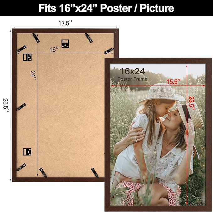 16x24 Frame Set of 3, Dark Brown Wood Grain 16x24 Poster Frame for Gallery Wall Mounting (3 Pack,Walnut)
