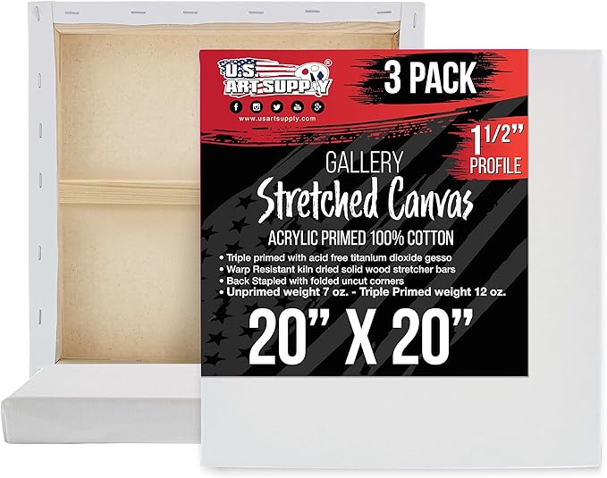 U.S. Art Supply Large Stretched Canvas for Painting 20x20 inch Gallery Depth 1-1/2" Thick, 3-Pack - 12oz Acrylic Gesso Triple Primed, Professional Artist Quality, 100% Cotton - Oil, Pouring Paint