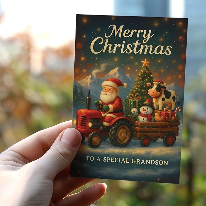 (5.3x8in) Merry Christmas to a Special Grandson Card, Santa on Tractor with Cow and Snowman, Farm-Themed Holiday Greeting Card with Christmas Tree and Gifts, Festive Card with Envelope (Xmas 42)