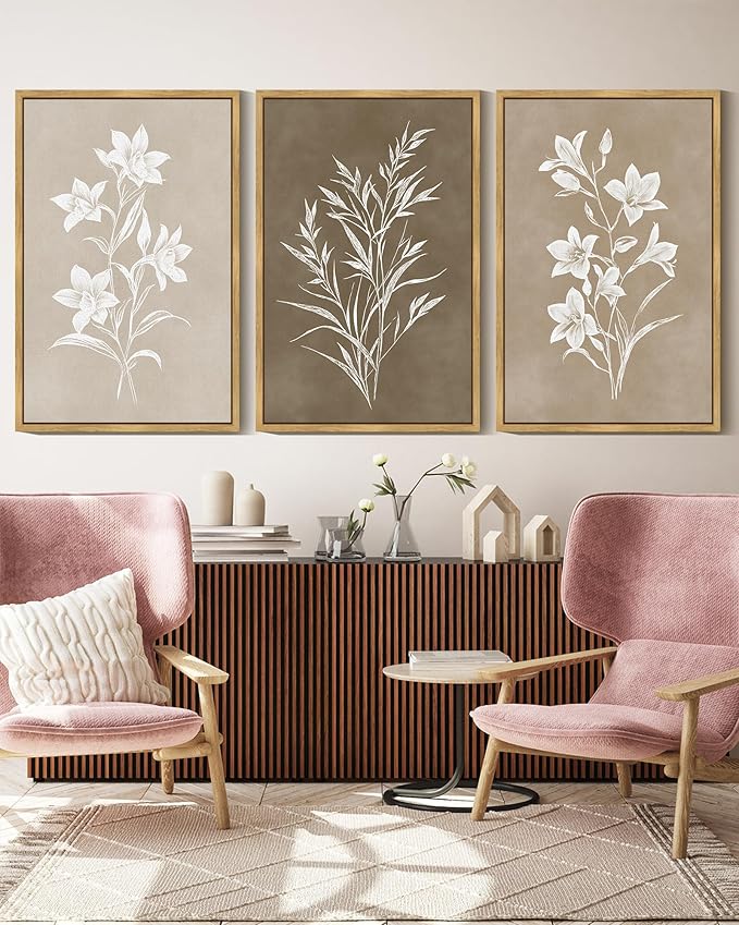 KUVIOKE Vintage Botanical Flower Framed Wall Art Colorful Neutral Boho Floral Wall Decor Botanical Retro Wildflower Modern Art Prints Rustic Home Decor 16x24in (Natural Framed)