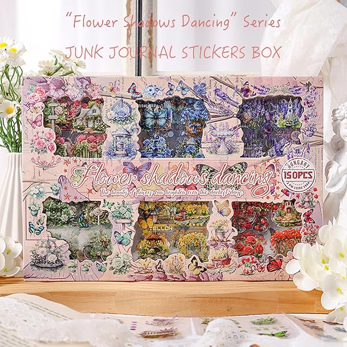 SIBLYMONA Vintage Stickers 150 Sheets Pack Over 800+ Pieces, Floral Butterfly Transparent Stickers for Scrapbooking Journaling, Junk Journal Supplies Transfers Crafts (Shadow of Flower)