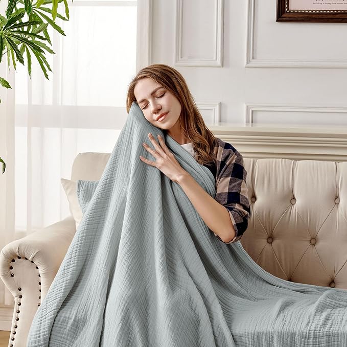 Joydeco 100% Cotton Muslin Throw Blanket for Couch Bed and Sofa, 4-Layer Lightweight and Breathable Soft Gauze Blanket for All Season, Luxury Throws Cotton Blanket Gift(Grey, 90"x90")